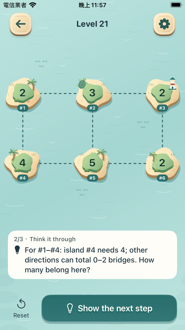 Actual Island Rescue gameplay showing stage two of a hint below a bridge puzzle.