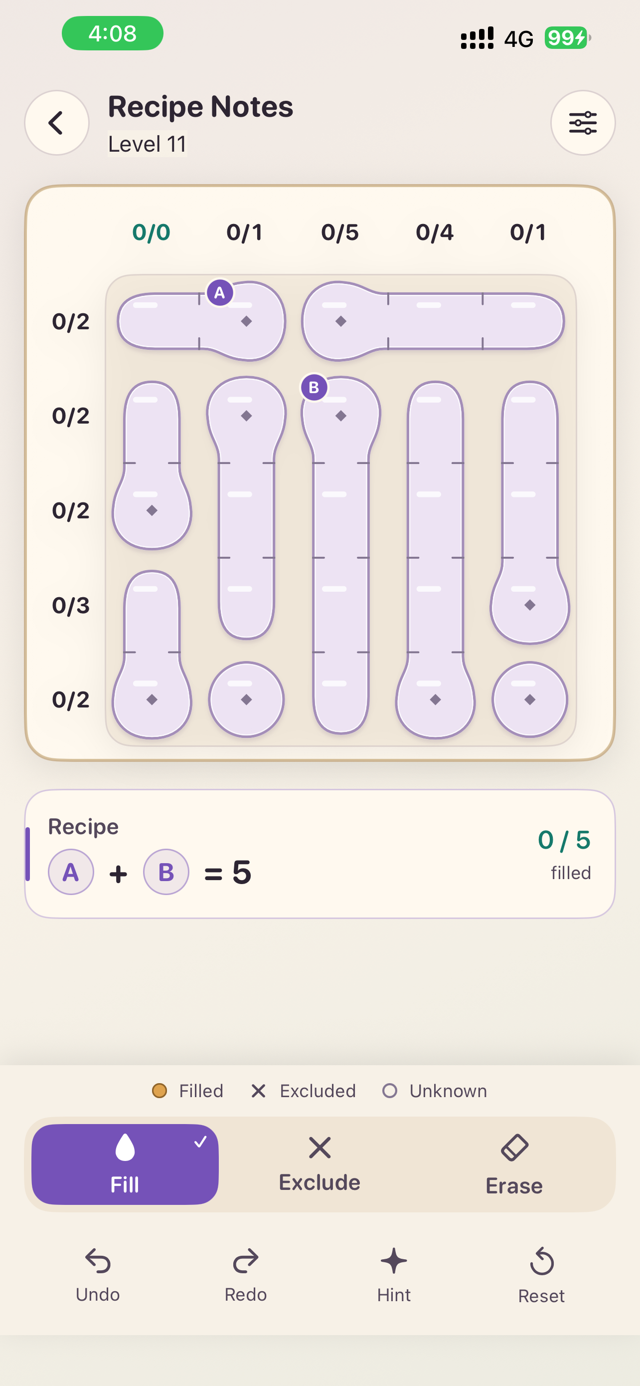 Actual Potion Lab puzzle screen showing glass tubes and row and column clues